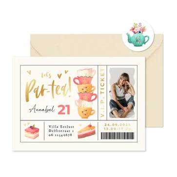 Ticket uitnodiging high tea goud foto taart